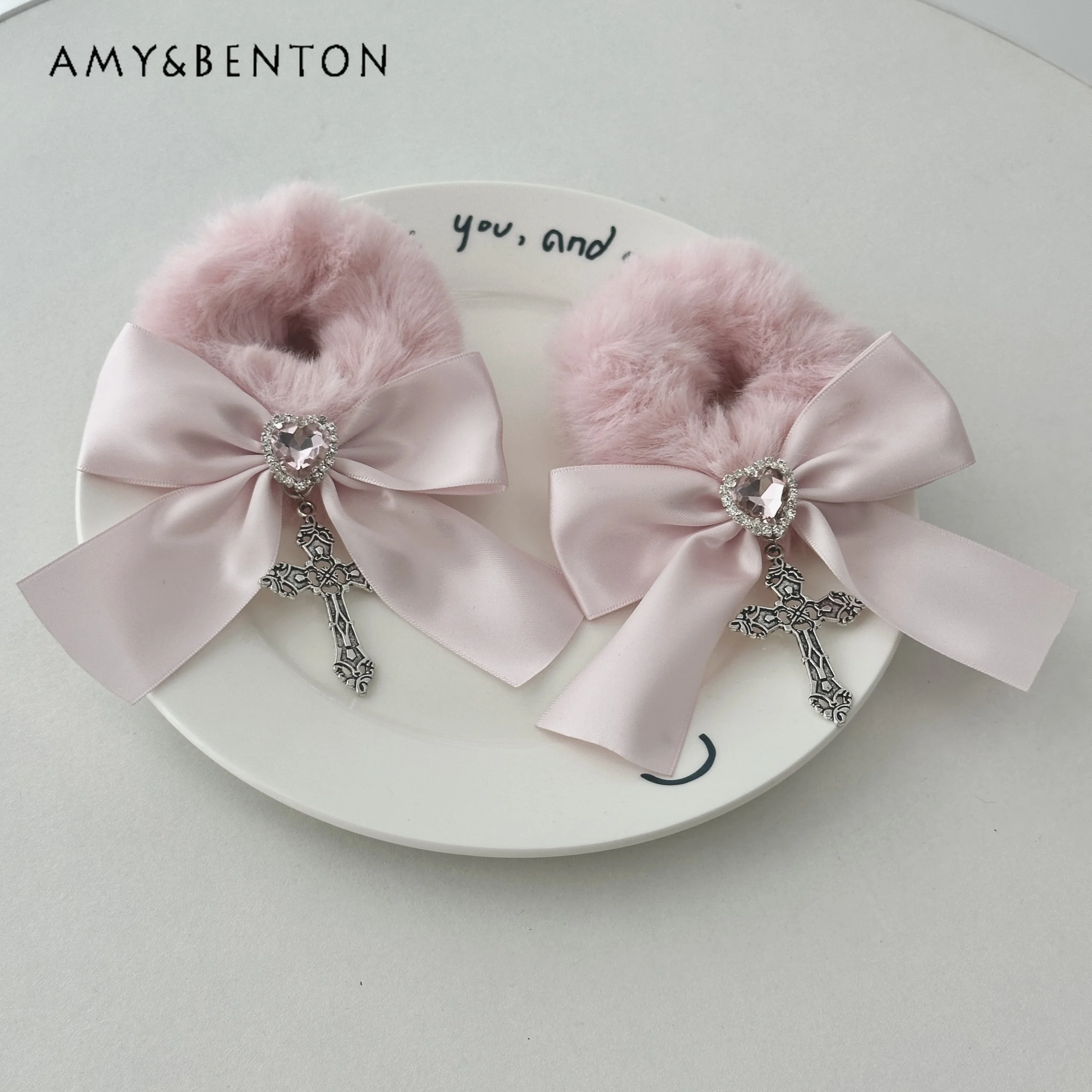 

Japanese Mine Series Mass-produced Plush Cross Rhinestone Bow Hair Band Lolita Cute Hair Rope Kawaii Double Ponytail Hair Band