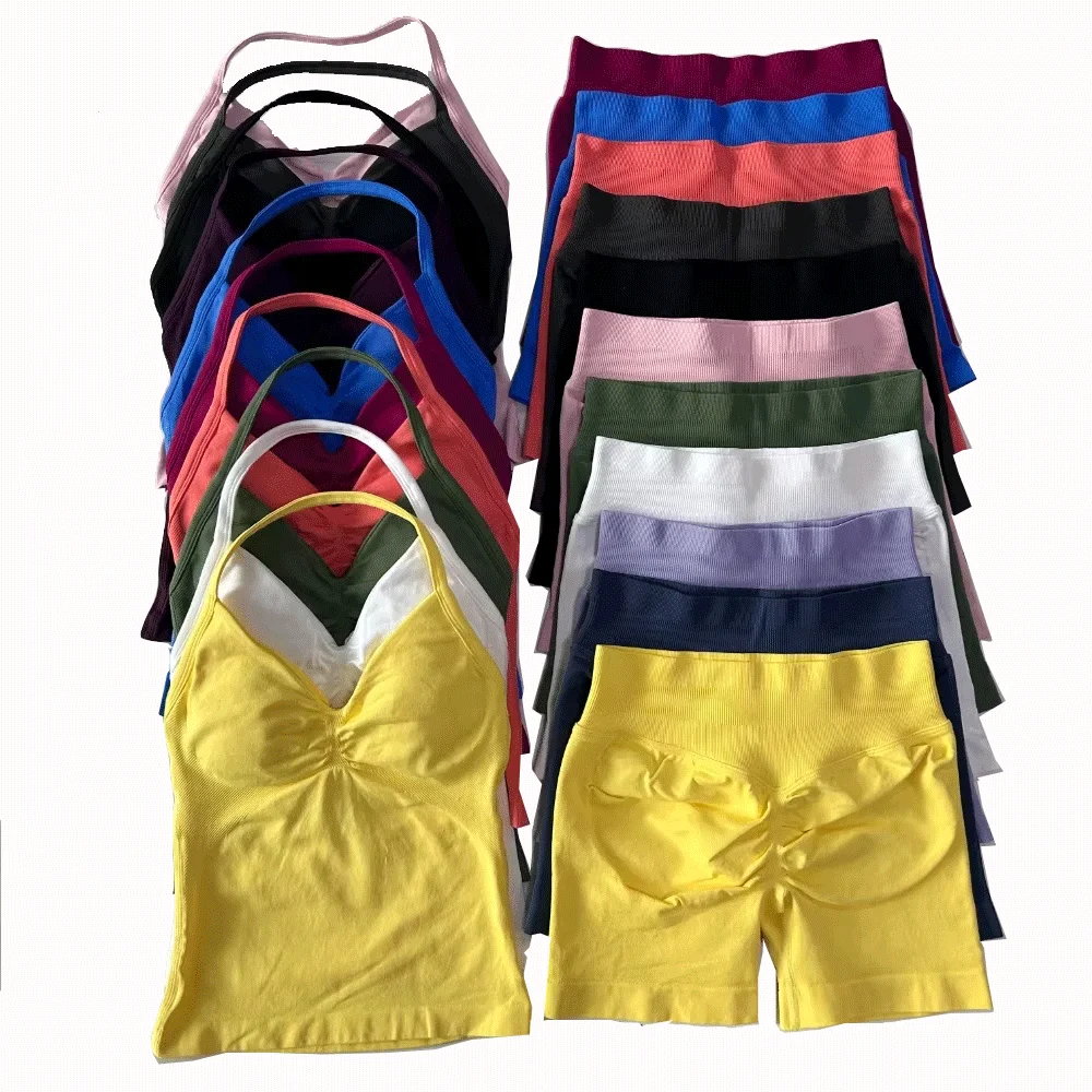 Ensemble de gymnastique pour femmes, dos nu, 2 pièces, débardeur, taille haute, froissé, short sans couture, costume de gymnastique, vêtements de Fitness, vêtements d'activité, d'entraînement