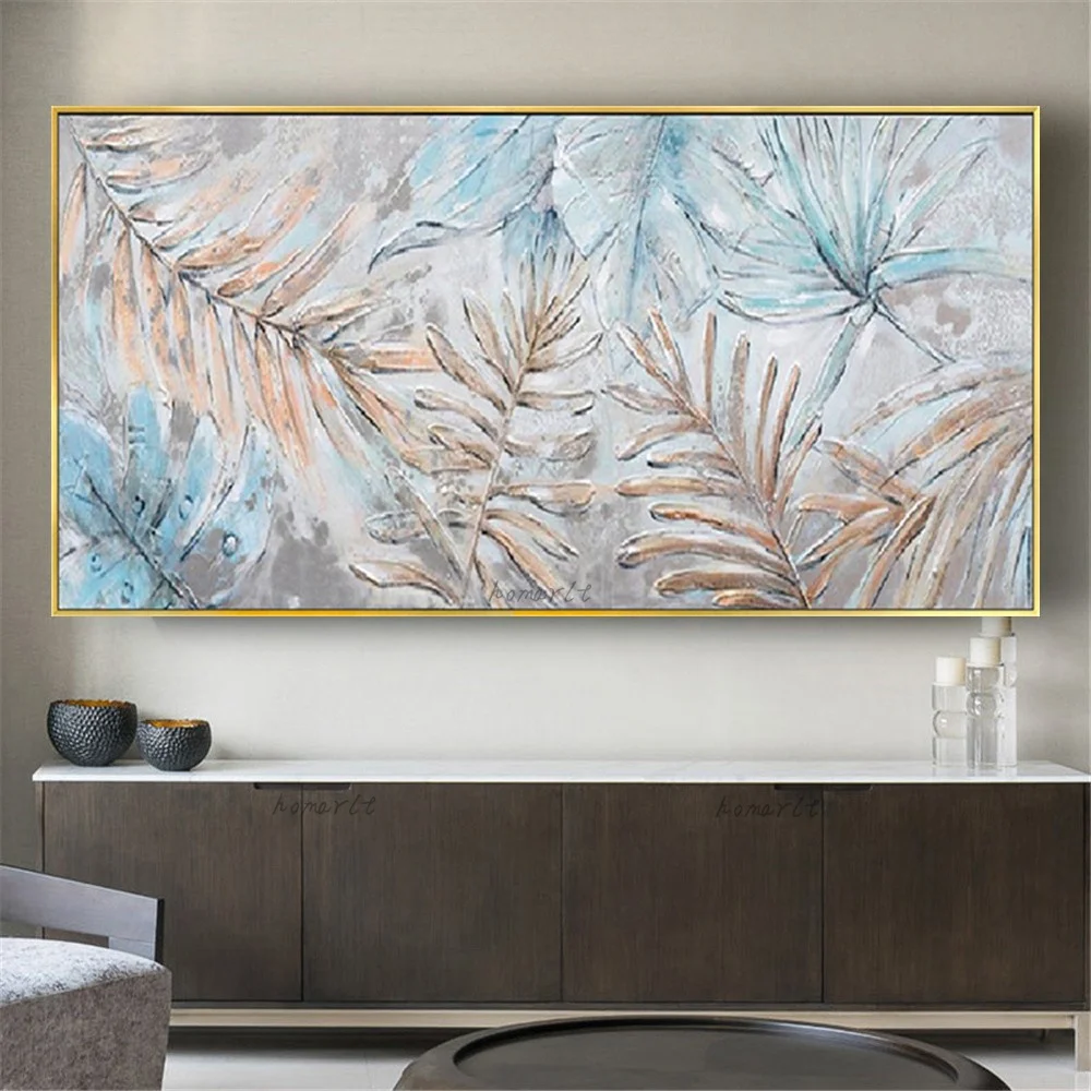 

100% Handmade Modern Abstract Flower Canvas Oil Painting Nordic Blue Silver Wall Art Pictures For Living Room Home Decor Poster