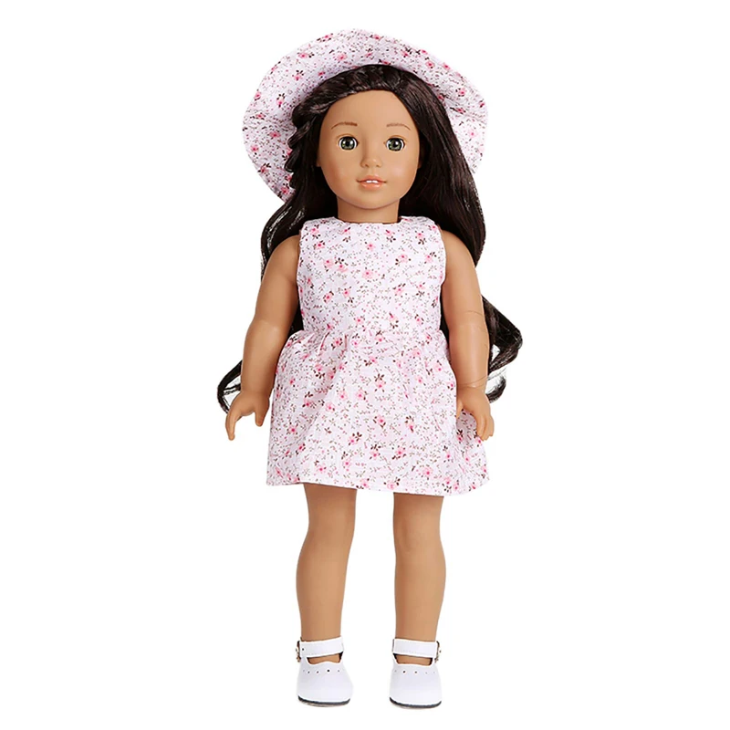 Zestaw sukienek z kapeluszem pasuje do 16-18 cali/40-45 cm Born Baby Doll ubranka Rebirth Doll amerykańska dziewczyna sukienka w kwiaty kapelusz przeciwsłoneczny akcesoria dla lalek prezent — zdjęcie 2