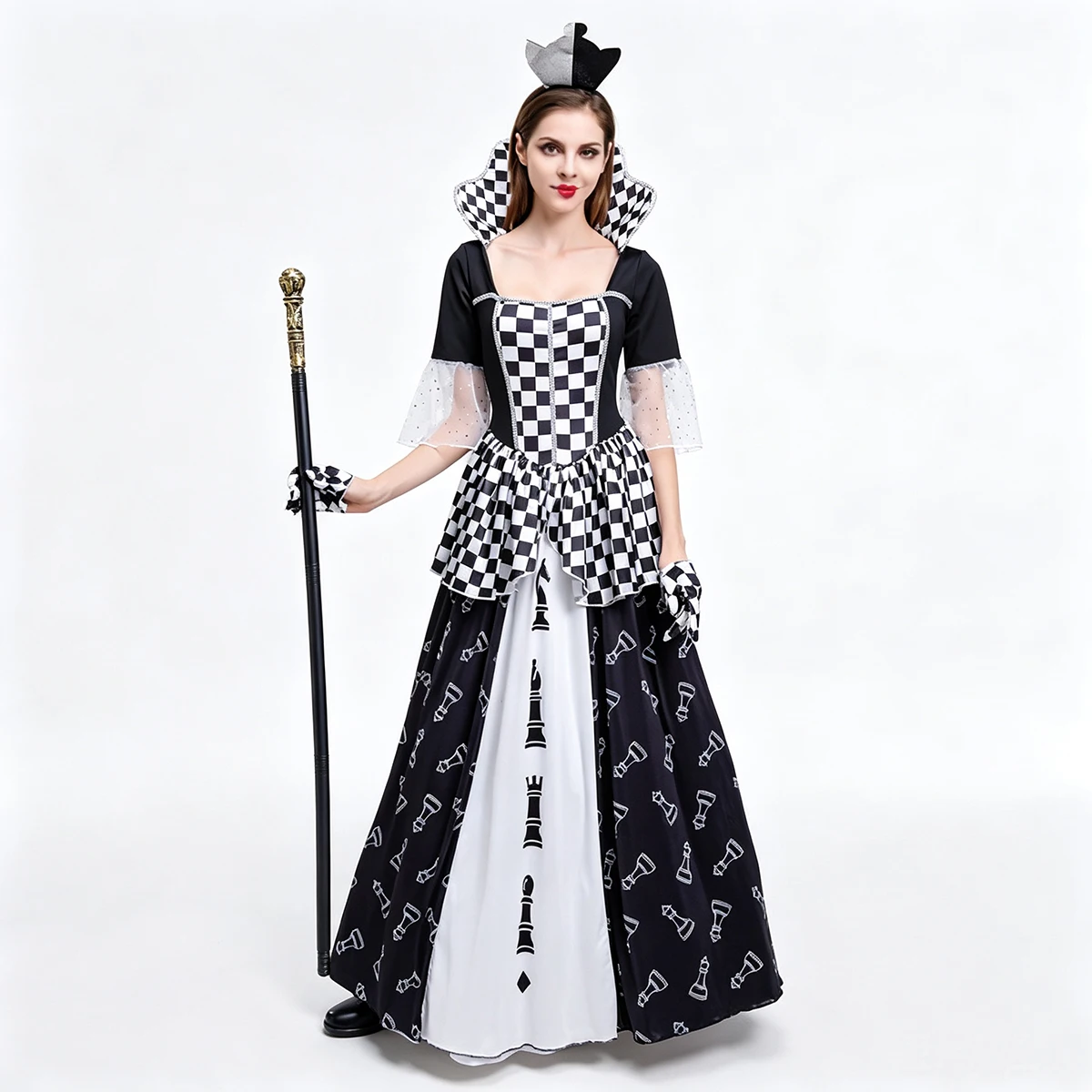 Umorden Alice in Wonderland Chess Queen Costume for Women Halloween Party Fancy Dress Black White Chess Piece Print