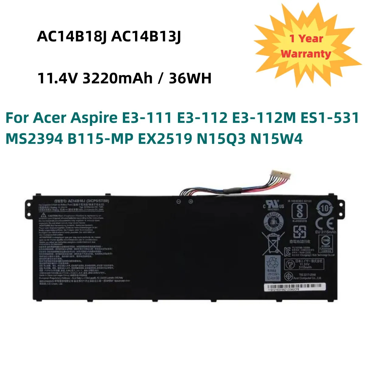 

Аккумулятор для ноутбука AC14B18J, AC14B13J, для ноутбука Acer Aspire, E3-111 E3-112, m2, 11,4, N15Q3, N15W4, в, 36 Вт/ч