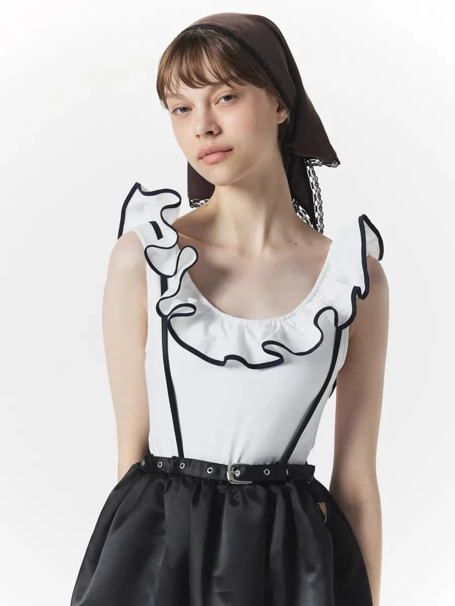 

Casual T-Shirts Fashion Sleeveless Tops Sweet Elegant Sense of Design Lace Tie Chest Pad Women's Jumpsuit Japaense Style