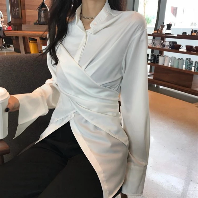 Women Vintage Asymmetrical Design Harajuku Shirts Elegant Chic Stand Collar Slim Blouses Solid Long Sleeve Tops Casual Y2K Blusa