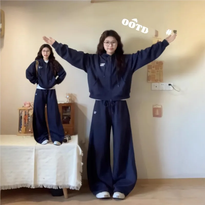 

Осень-зима, повседневный спортивный женский костюм, модный однотонный свободный свитшот с капюшоном, куртка и широкие брюки, комплект из двух предметов