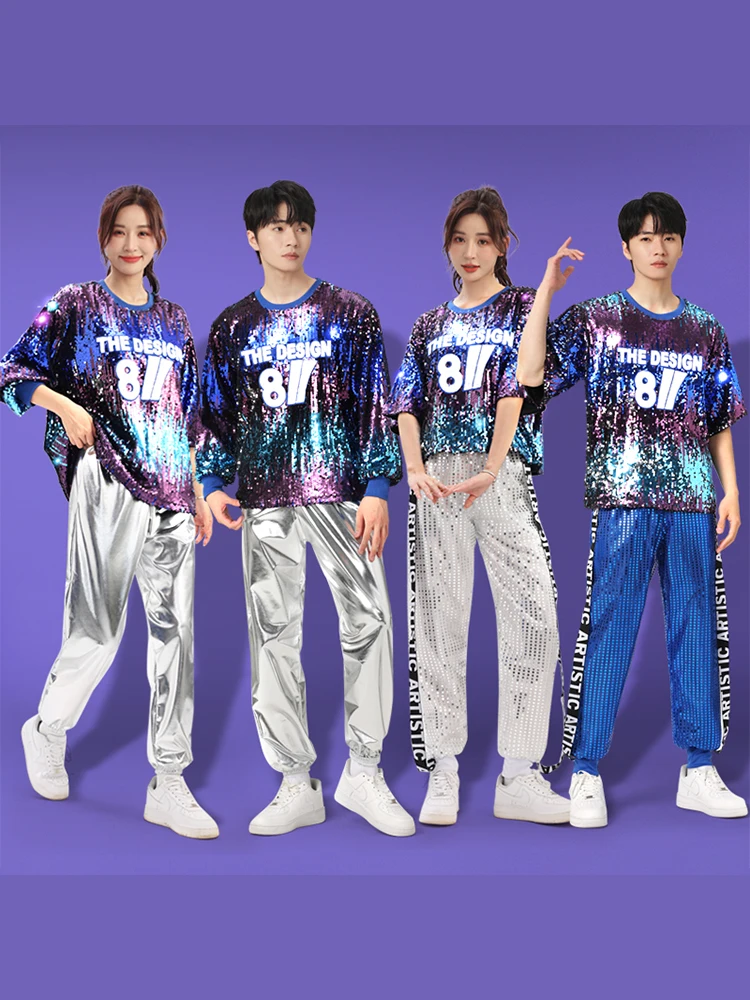 Adult Dance Costume Set Men's Women's Square Dance Performance Outfit Jazz Modern Dance Shiny Sequin Stage Costume