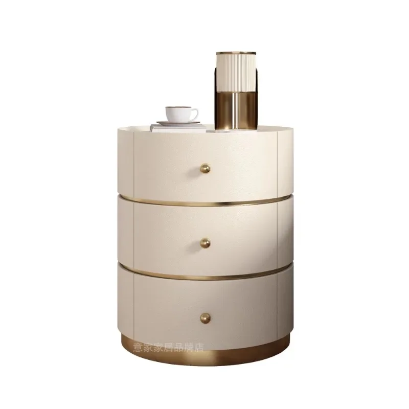 Nachtkastje Slaapkamer Moderne Eenvoudige Kleine Lederen Massief Houten Bed Opbergkast Premium Ronde Locker