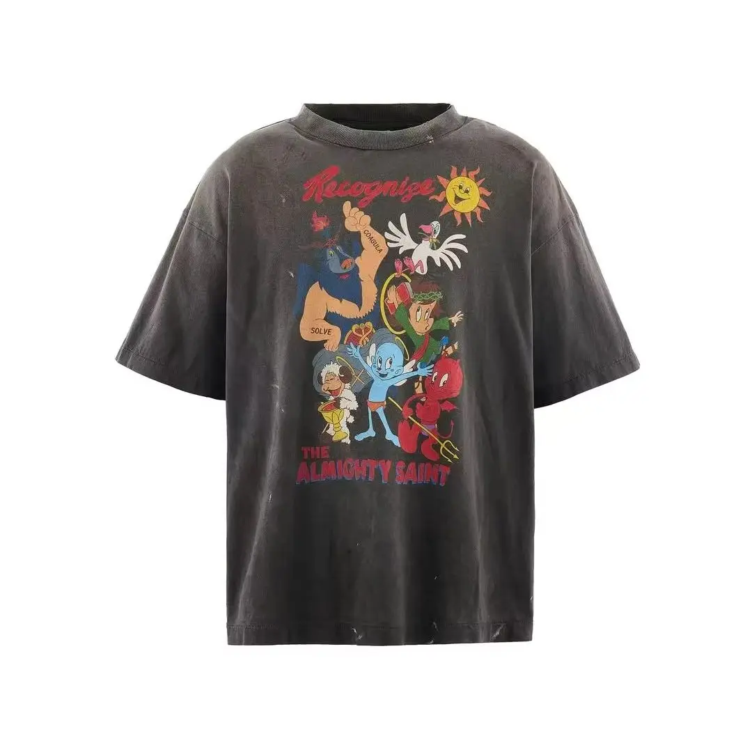 Saint Michael Cartoon Little Angel Print Washed Short-Sleeved Casual Loose T-Shirts For Men And Women
