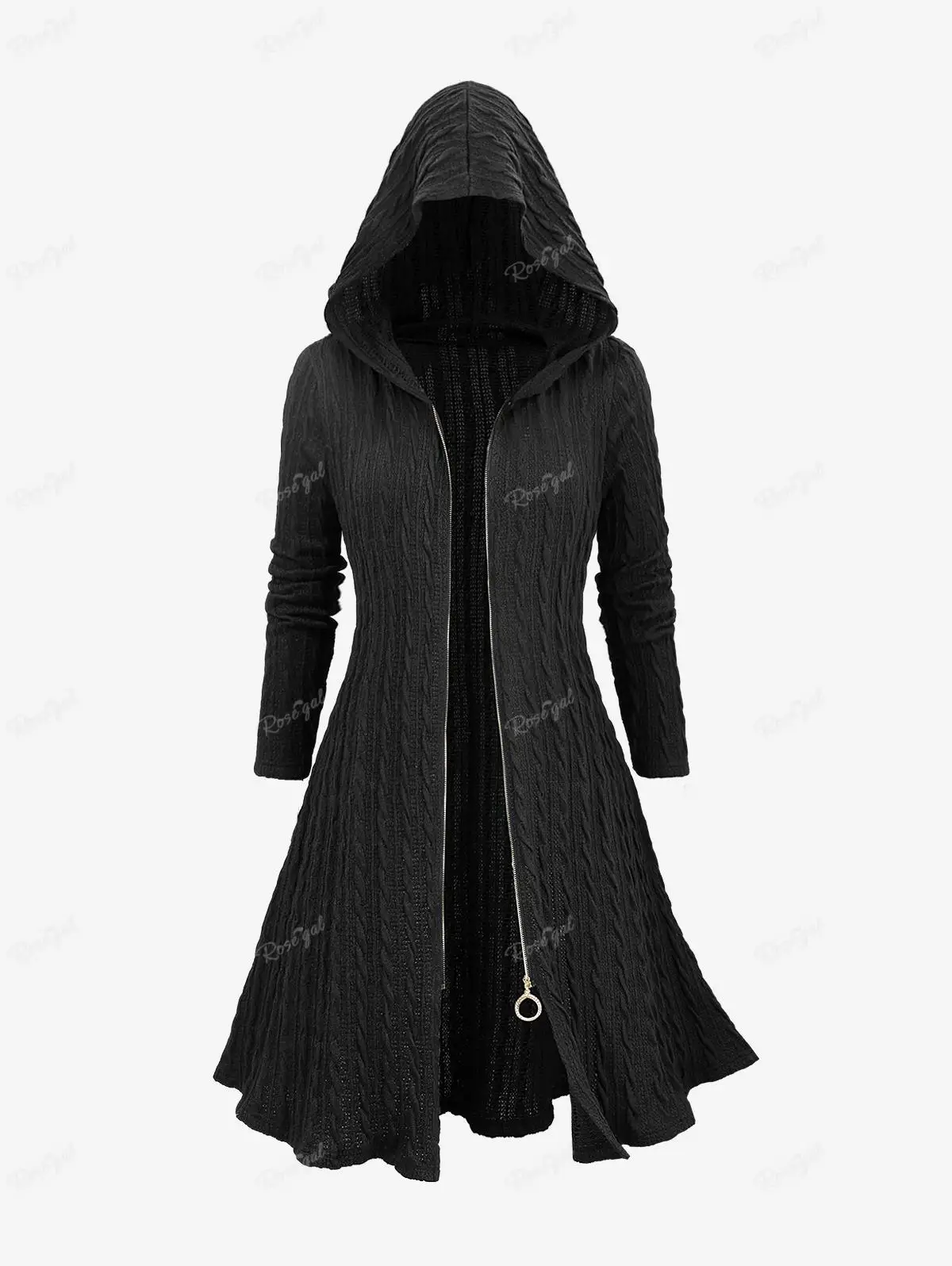 ROSEGAL Plus Size Full Zipper Cable Knit Textured Long Coats Solid Black Hooded Full Sleeves Sweater Coat With Scalloped Belt