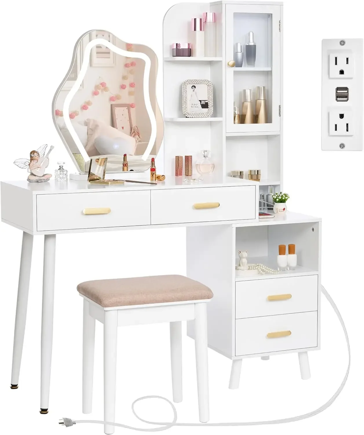 White Vanity with Lighted Mirror Vanity Desk with Mirror and Lights Girls Vanity with Power Outlet Stool Drawers Shelves Chargin