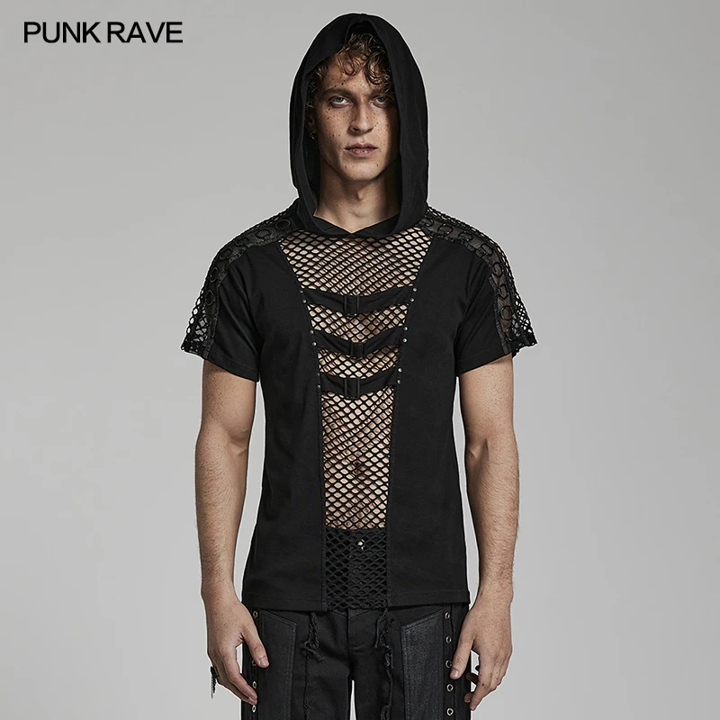 PUNK RAVE Men's Punk Handsome Hooded T-shirt Sexy Cool Hollow Mesh Cutouts Personality Casual Tops Tees Spring & Summer