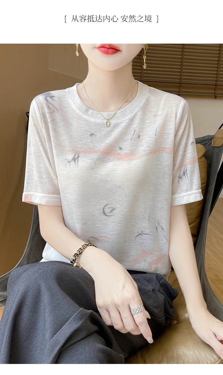 Summer Round Neck Acetic Acid Satin Short Sleeve T-shirt Women's Simple Half Sleeve White Blouse With Thin Inside