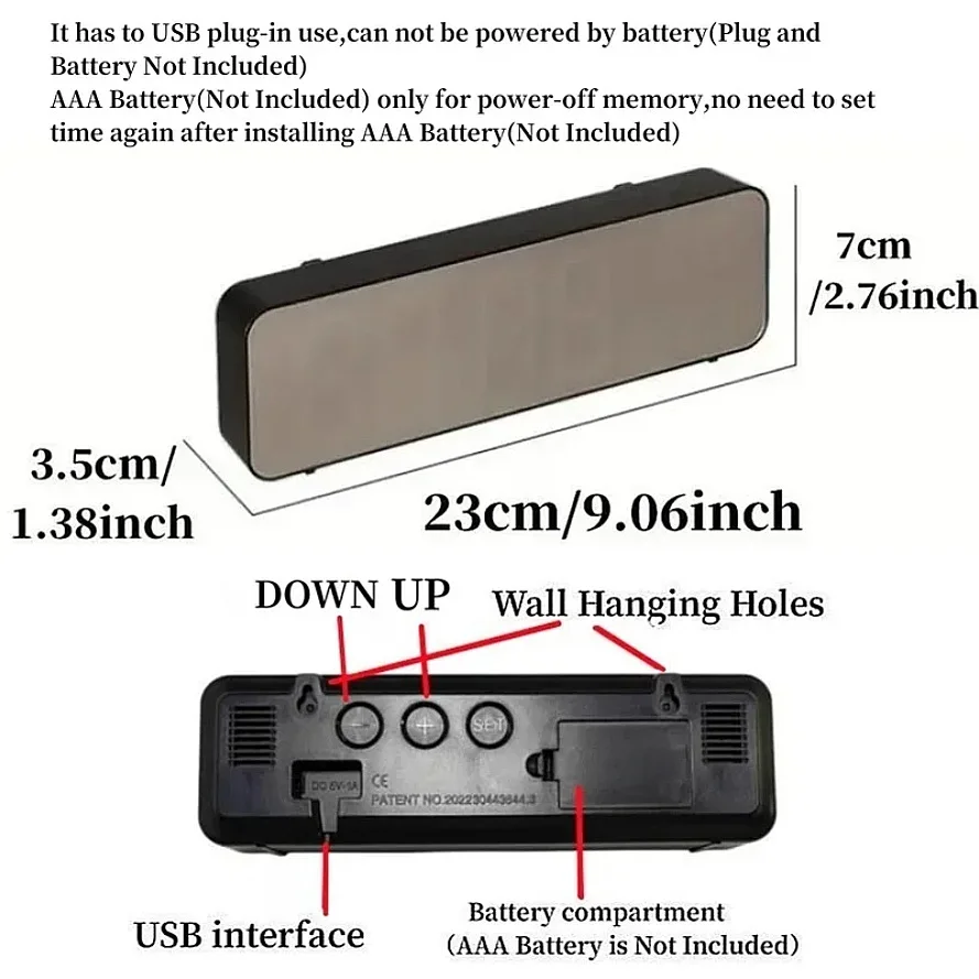 9 Inch LED Wall Clock with Temperature Humidity Display USB Plugin Night Mode Snooze