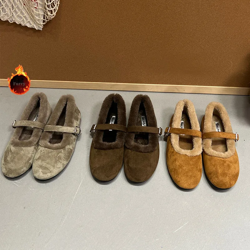 

New In 2026 Footwear Buckle Strap Ladies Flats Shoes Round Toe Female Fashion Fluffy Mary Janes Flats Women Winter Shoes