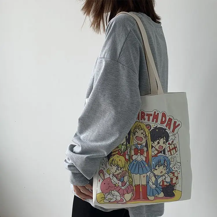 Kawaii Sailor Moon Cartoon Funny Shopping Bag Tote Canvas Large Capacity Shoulder Bag Female Printed Student Schoolbag