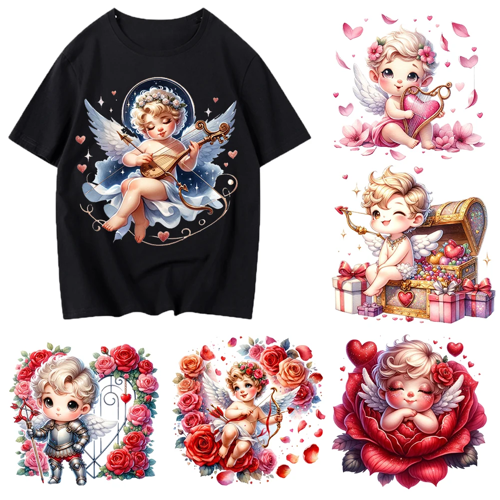 Valentine's Day Angel  Iron On Heat Transfer Stickers For Clothes DTF Pinted Vinyl Thermal Appliques Washable T-Shirt Decal