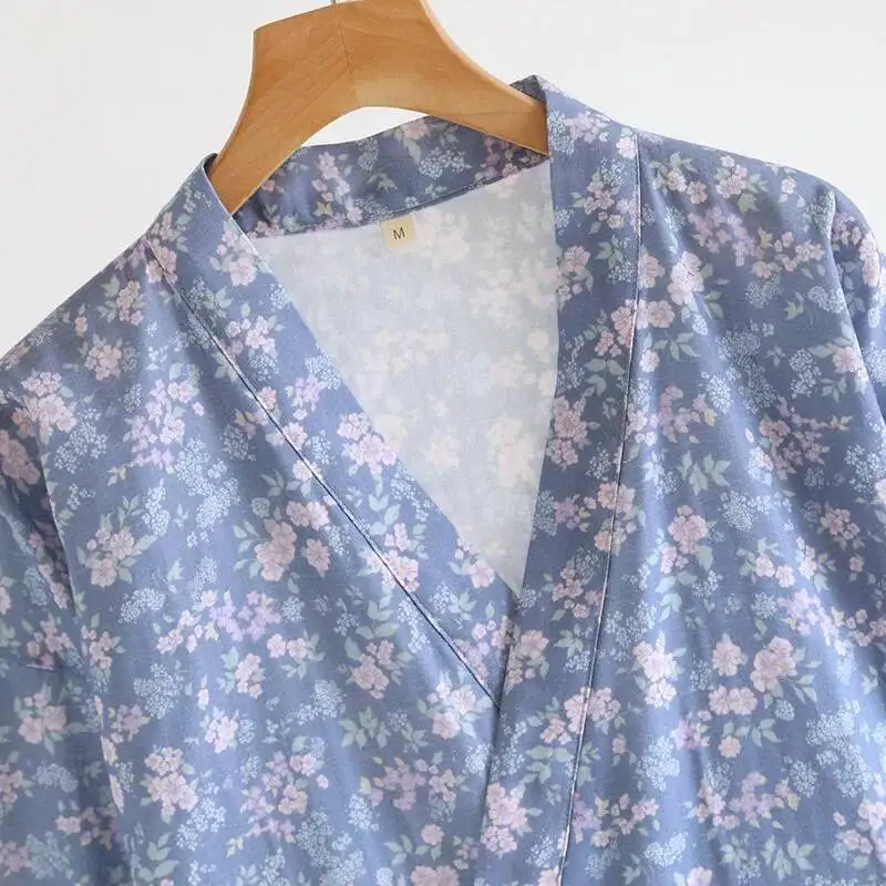 

Хлопковая ночная рубашка с цветочным принтом, женское летнее кимоно, тонкий банный халат на шнуровке с короткими рукавами, одежда для сна, одежда