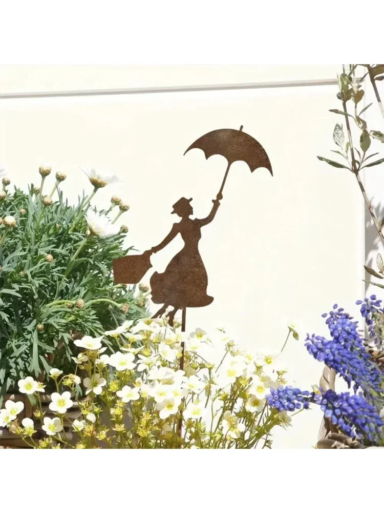 1PC Metal Rust Garden Stake Decorative Rust Patina Flower Bed Stake with Umbrella Rusty Figure Garden Decor for Outdoor