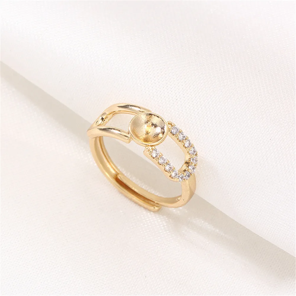 

Domestic 14k Gold Color Simple Zircon Double-sided U-shaped Pearl Ring Opening Adjustable DIY AccessoriesWholesale Fit 7-9mm