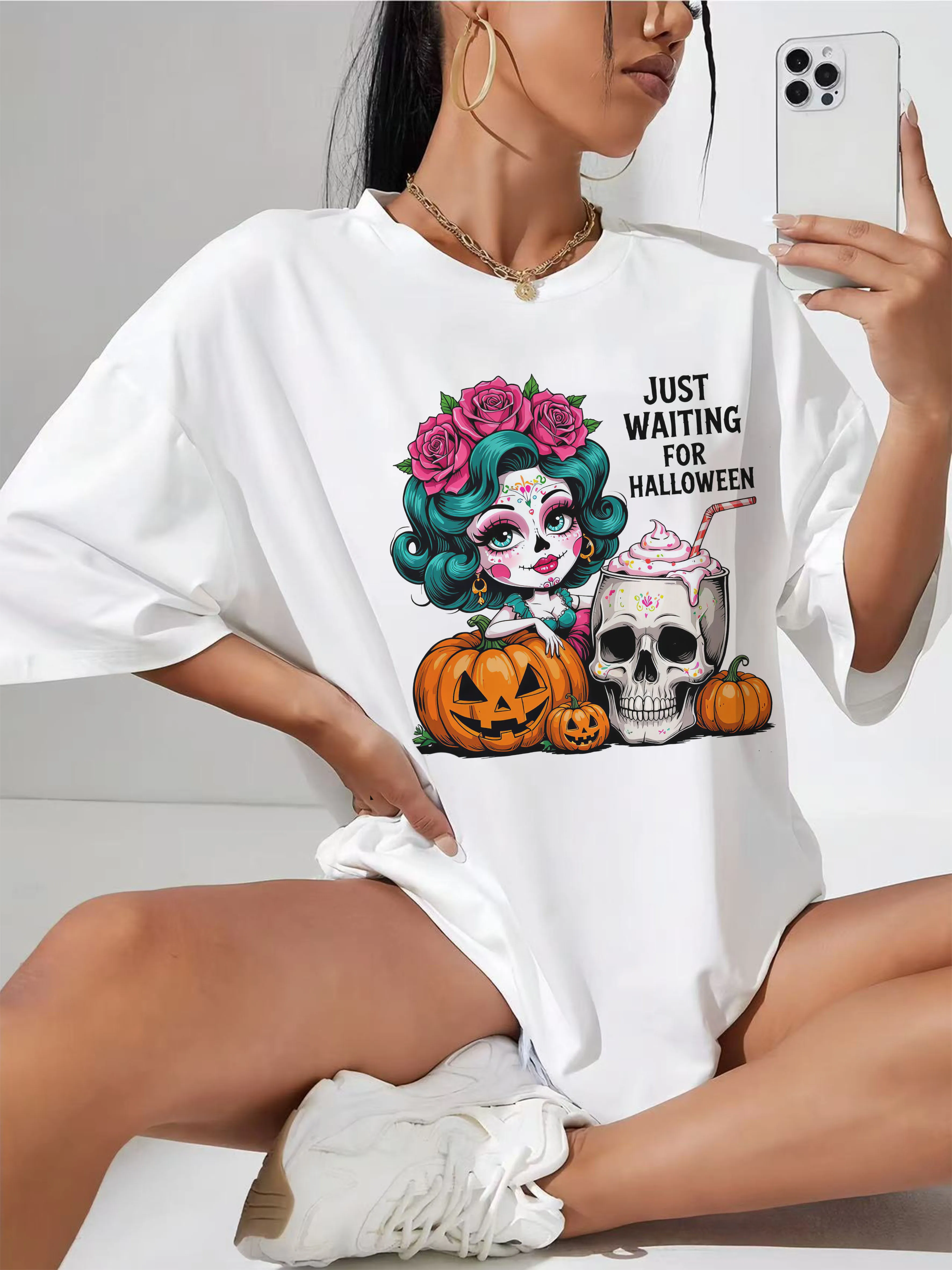 

Just-Waiting-for-Halloween-Sugar Oversized festival white tee for expecting moms relaxed fit round neck breathable cotton