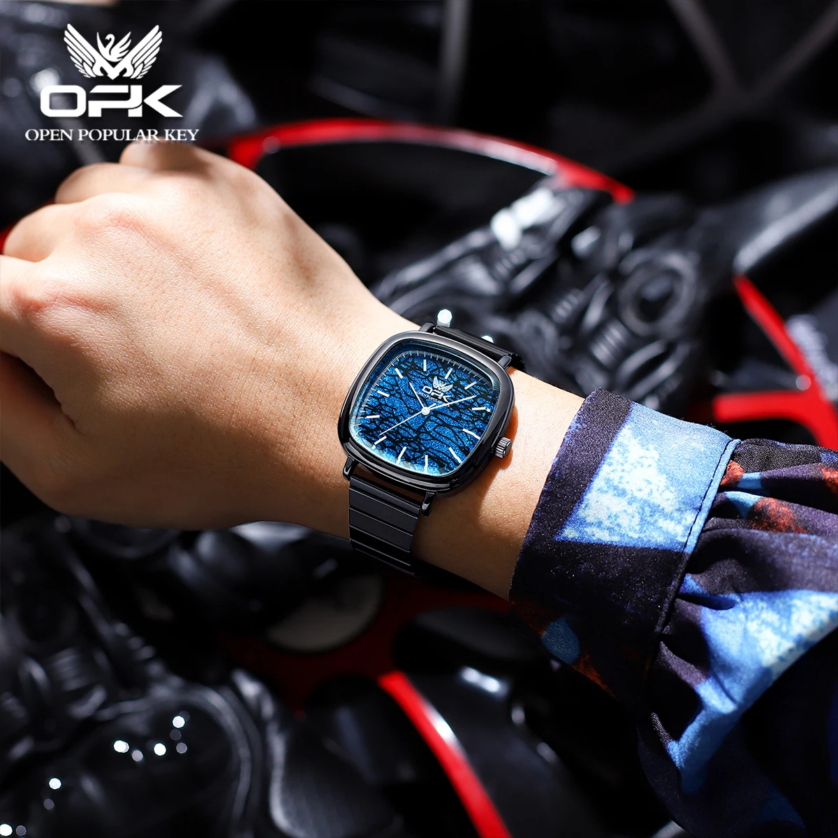 OPK 브랜드 야광 방수 레트로 사각 스틸 밴드 남성용 쿼츠 시계 8143