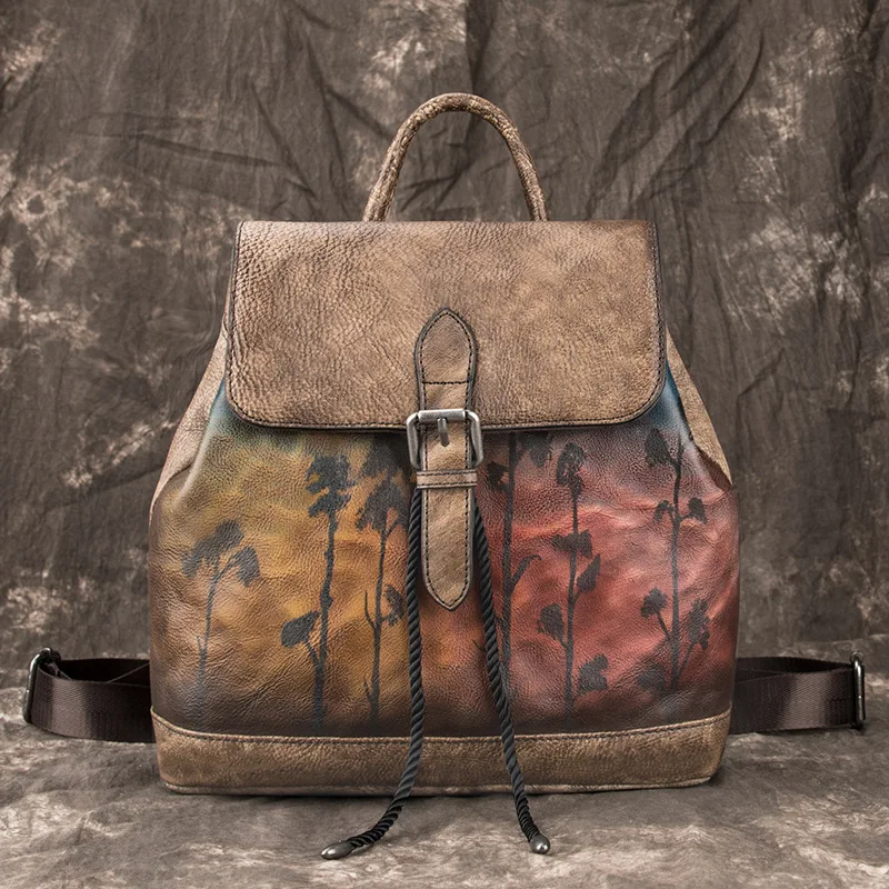 Vintage Genuine Leather Backpack Women Fasion Ladies Real Cow Leather Double Shoulder Bag Leaf Pattern Travel School Bags