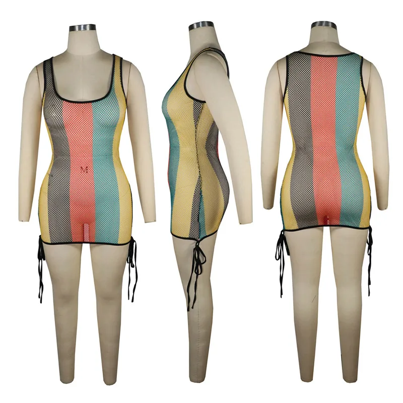 New Style Rainbow Striped Women Dress For Beach Cover Ups Hollow Out See Through Sexy Vestidos 2024 Fashion Party Mini Dresses