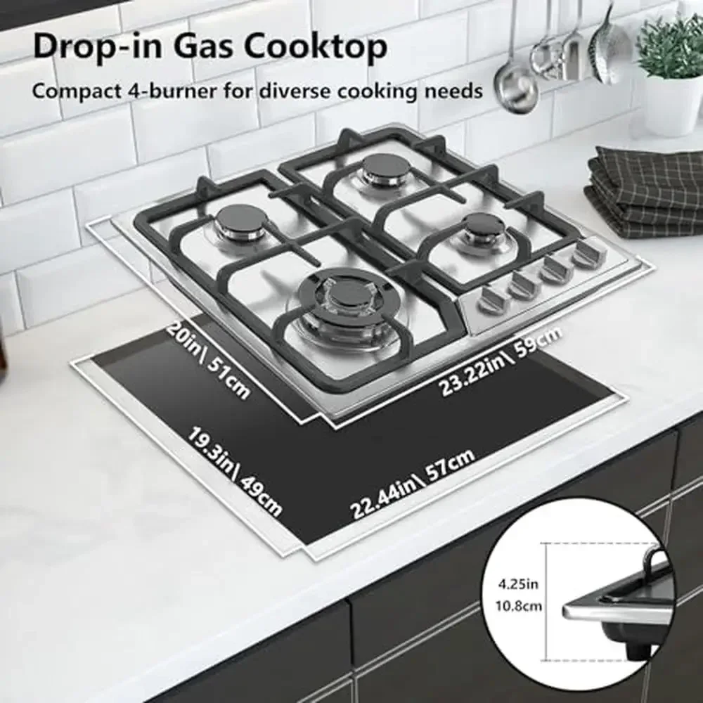 30" Gas Cooktop 4 Burners Propane NG/LPG Dual Fuel Kitchen Stove Built-in Countertop RVs 110V Pulse Ignition Stainless Steel