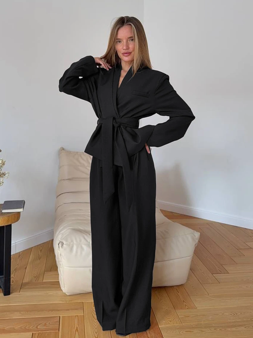 

Marthaqiqi Fashion Women Nightwear Suit Long Sleeve Robe Lace Up Pajama Sexy V-Neck Nightgowns Pants Winter Ladies Sleepwear Set