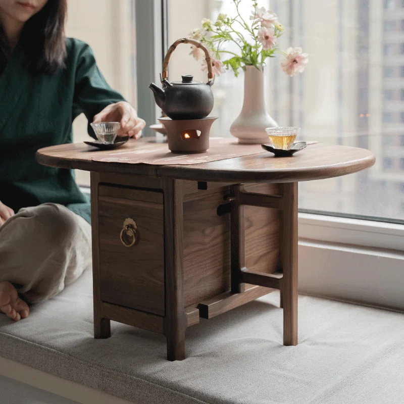Solid wood new Chinese folding tea table Zen bay window table tea set storage outdoor portable