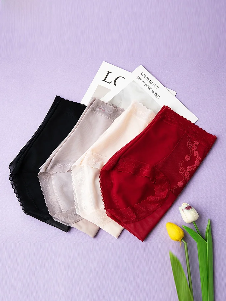 

High Waist Lace Trim Women's Underwear Cotton Crotch Lucky Year Panties Set of 4 plus Size Comfortable Breathable