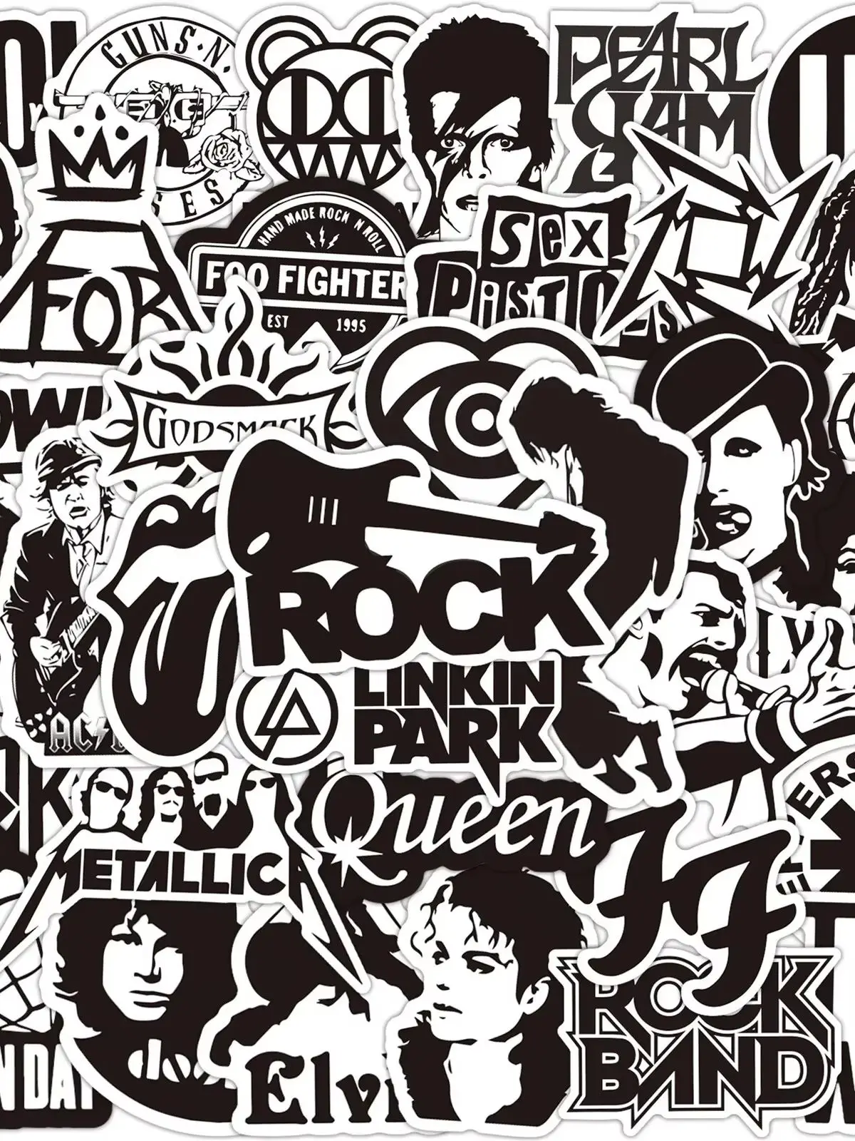 Rock Music Stickers White and Black Fashion Band Graffiti for iPad Car Phone Guitar Motorcycle Skateboard Luggage 50Pcs