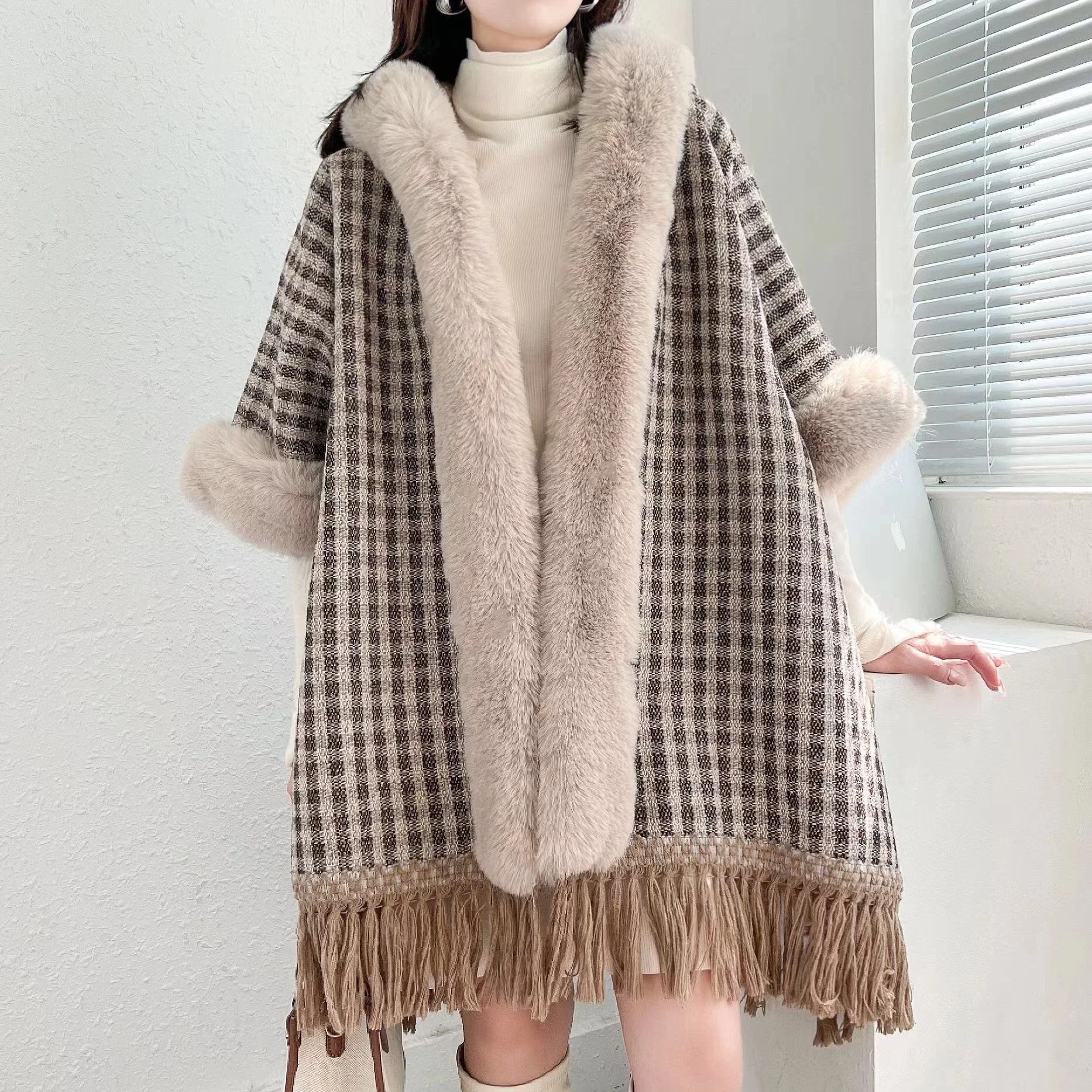 

Winter Women Plaid Faux Rabbit Fur Loose Poncho Tassel Cape Thick Warm Velvet Oversize Cloak Batwing Sleeves Overcoat With Hat