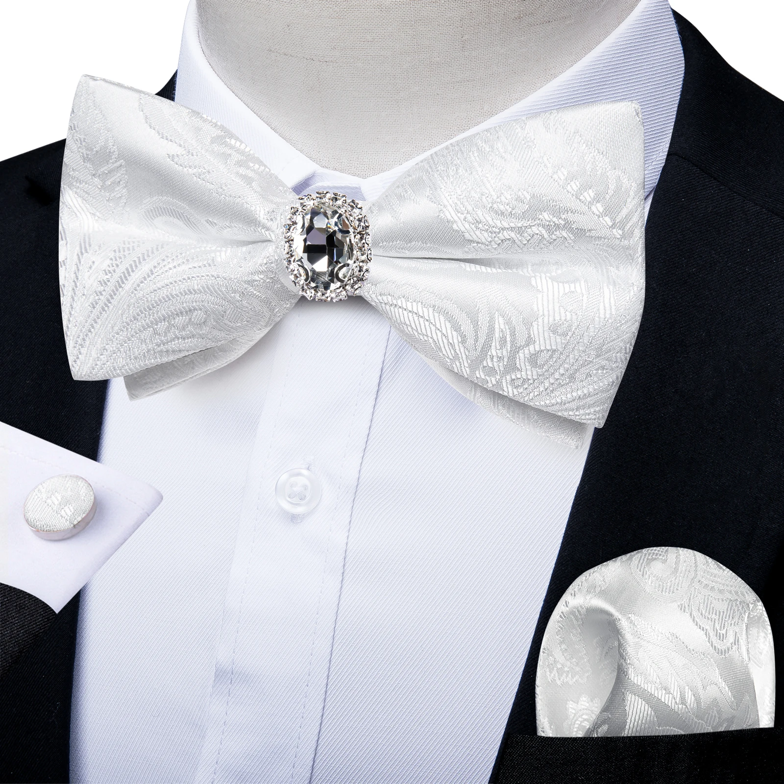 

Unique Designer White Pre-tied Bowtie with Jewel ring Wedding Men's Bow Tie Butterfly Knot for Business галстук Handkeechief Set