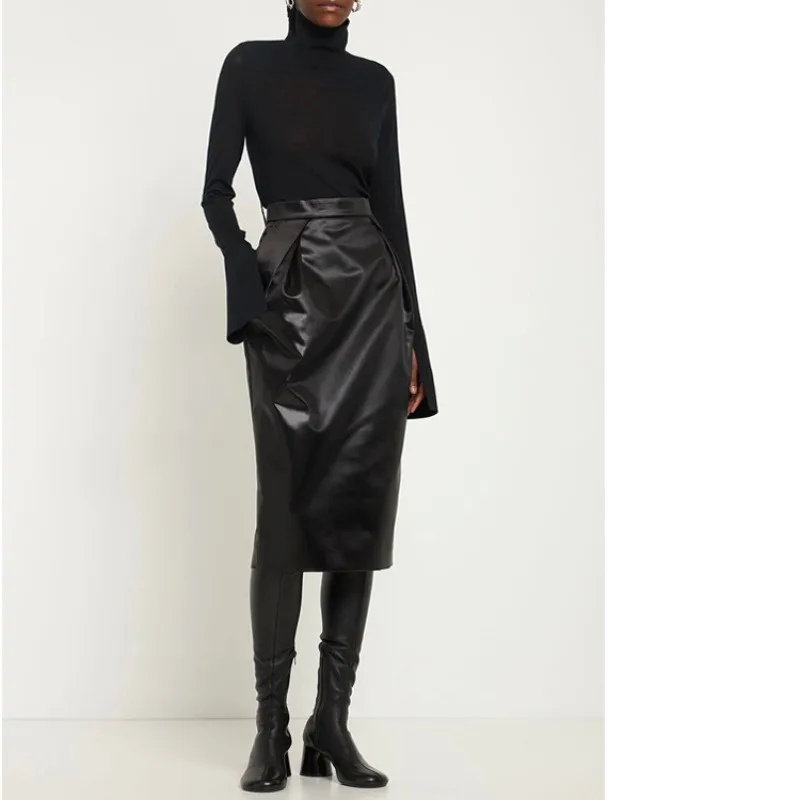 

Early Autumn New High-waist Pleated Satin Mid-length Skirt Acetate-coated Imitation Leather Skirt Women's Bud Skirt