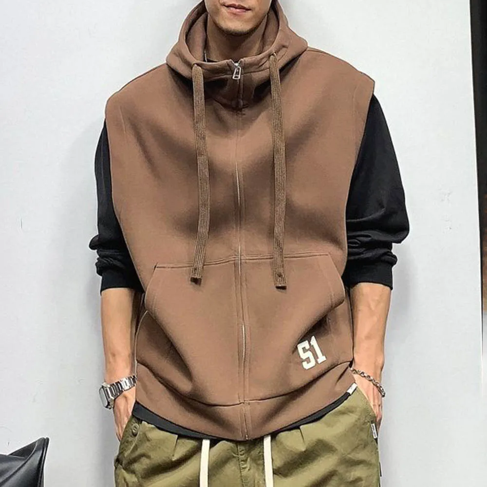 

Men's Solid Color Sleeveless Hooded Sweatshirt American Retro Fashion Trend Street Casual Loose Breathable Niche Men's Tops