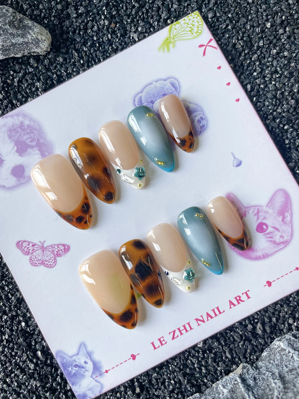 

2026 French Long Almond Amber Press On Nails Art Blue Star Steel Ball Element Fake Nails Y2K Hot Girl Portable Full Cover Nails