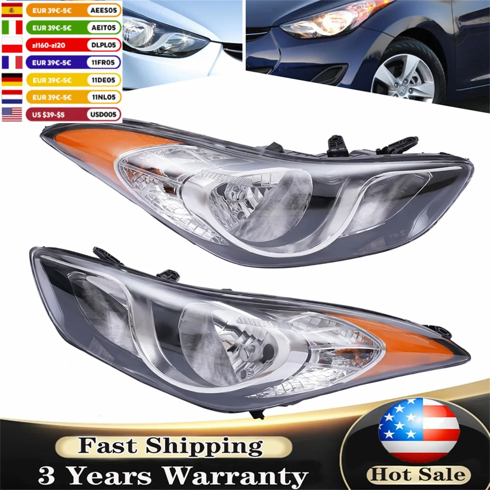 Halogen Headlight Set For 2011 2012 2013 11-13 Hyundai Elantra Sedan4 Door Driver or Passenger Side Clear Lens