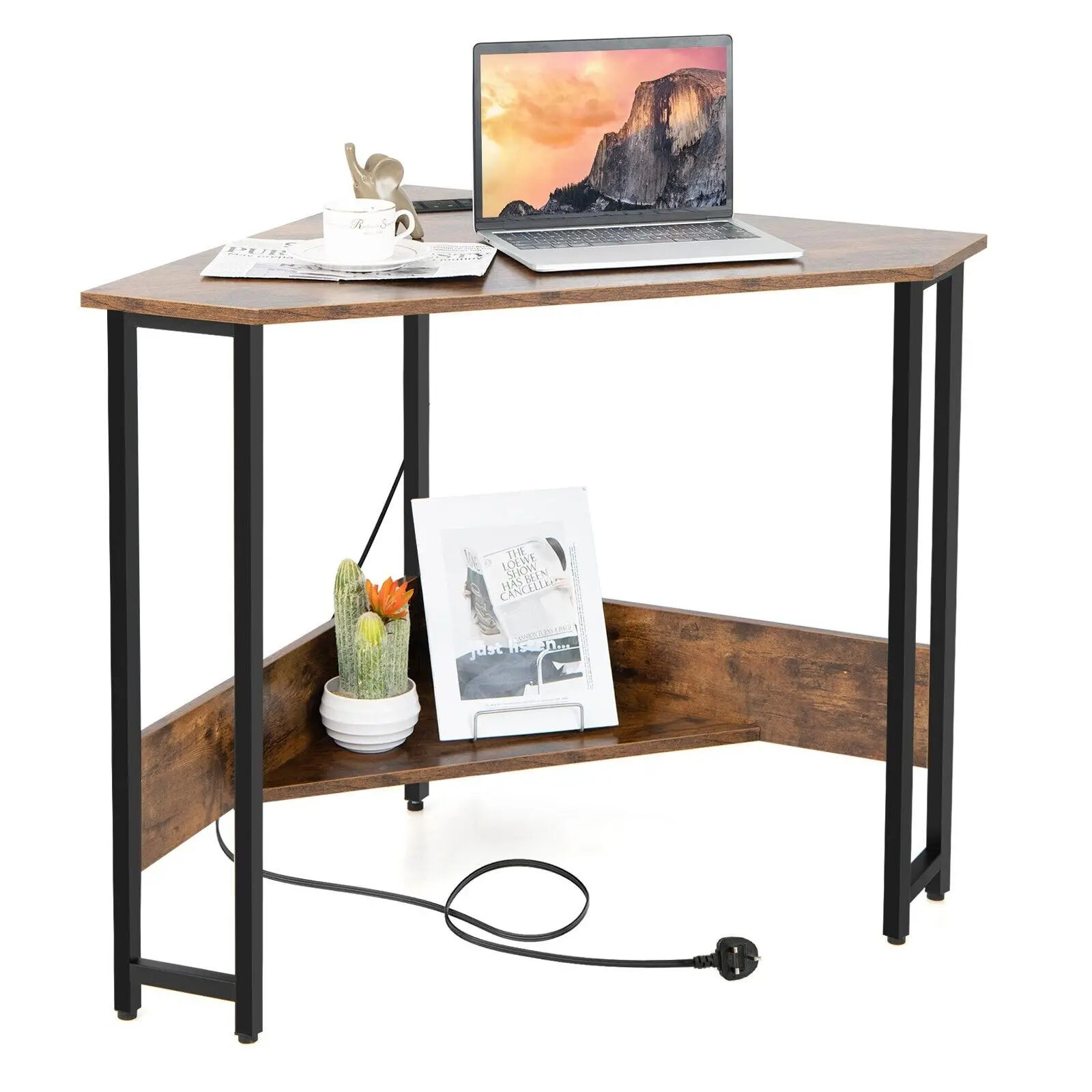 GOFLAME Corner Desk 90-degree Triangle Computer Desk Laptop Desk w/Power Outlet