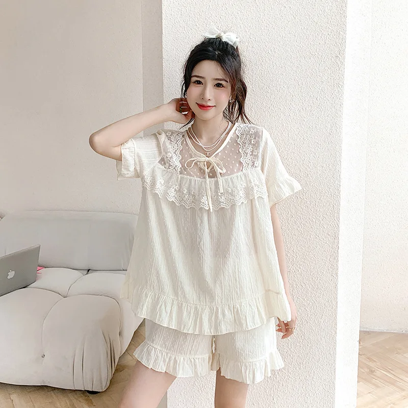 

Summer Women Princess Cotton Lace Pajamas Two Piece Set Lady Homewear Female Loose Casual Nightwear Sleepwear