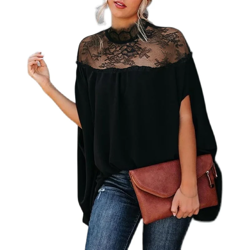 Losse dames casual kanten irt top Batwing Sve patchwork jas zomer woon-werkverkeer Sle ronde Ne ort Sve kleur