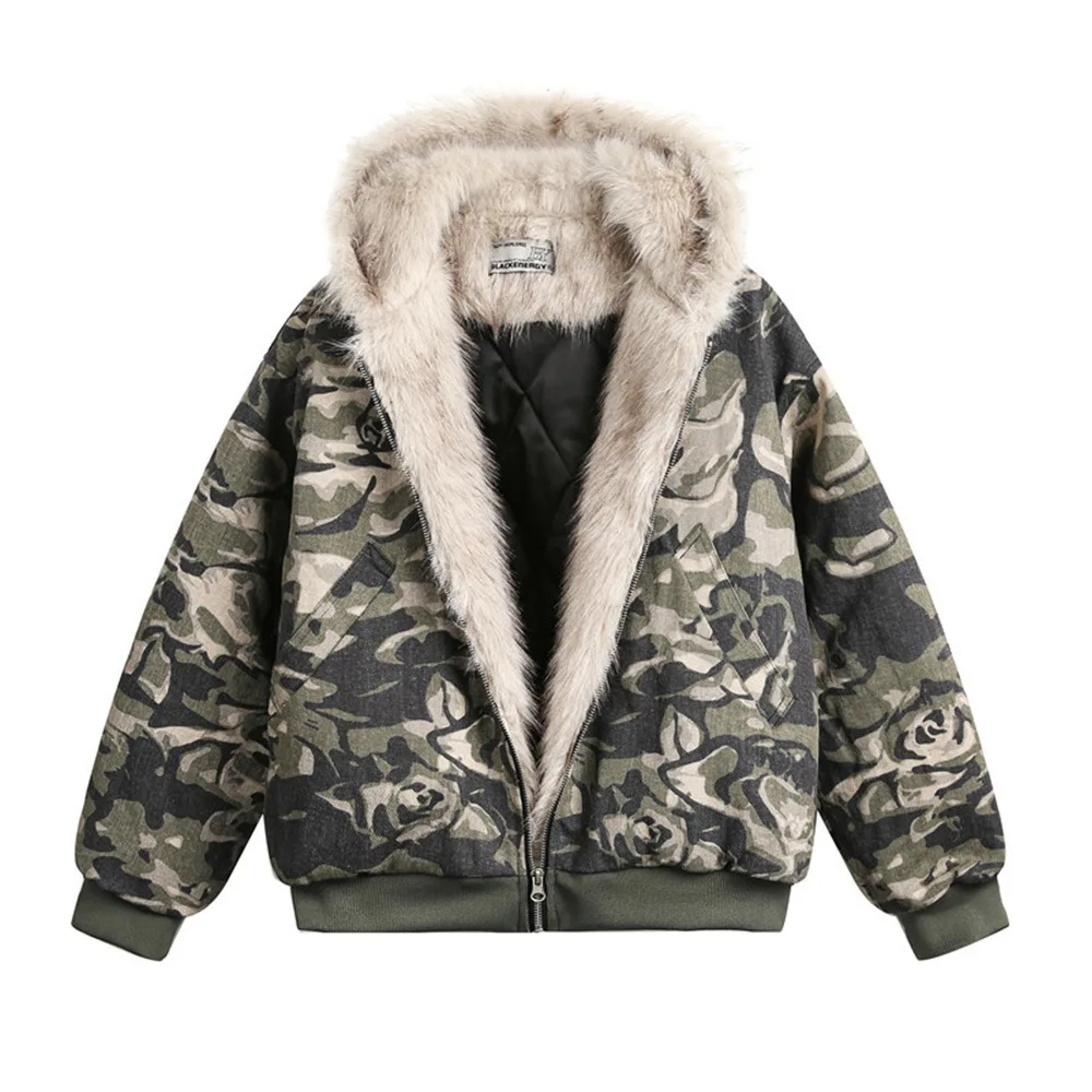 Herren Camo Blumenmuster Kunstfell Kapuzen-Bomberjacke Winter Dicke Fleece-Gefütterte Kurze Gefütterte Jacke Lose Y2K Streetwear Männliche Freizeit-Oberbekleidung – Detail 3