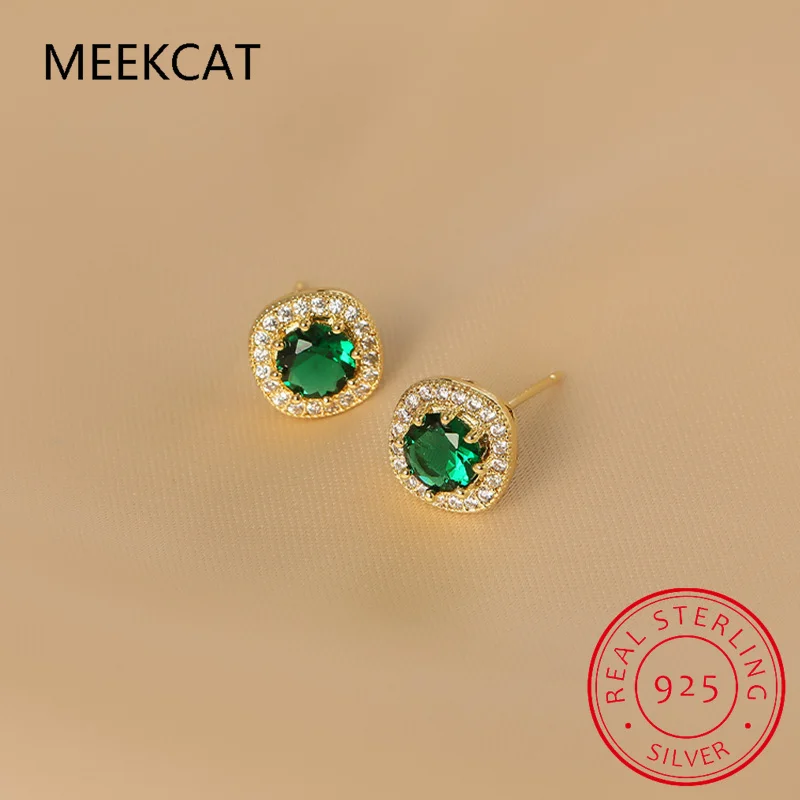 

2023 New 925 Sterling Silver Classical Green Square Diamond Stud Earrings Simple Retro Emerald Zircon Earring Clip for Women