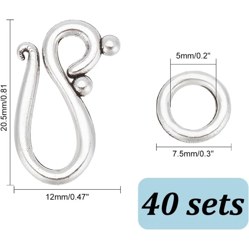 40 Sets S-Ring-Knebelverschlüsse, Tropfen, tibetisches Silber, S-Haken, Ring, Schmuckverschlüsse, Ringverschlüsse, Verbinder