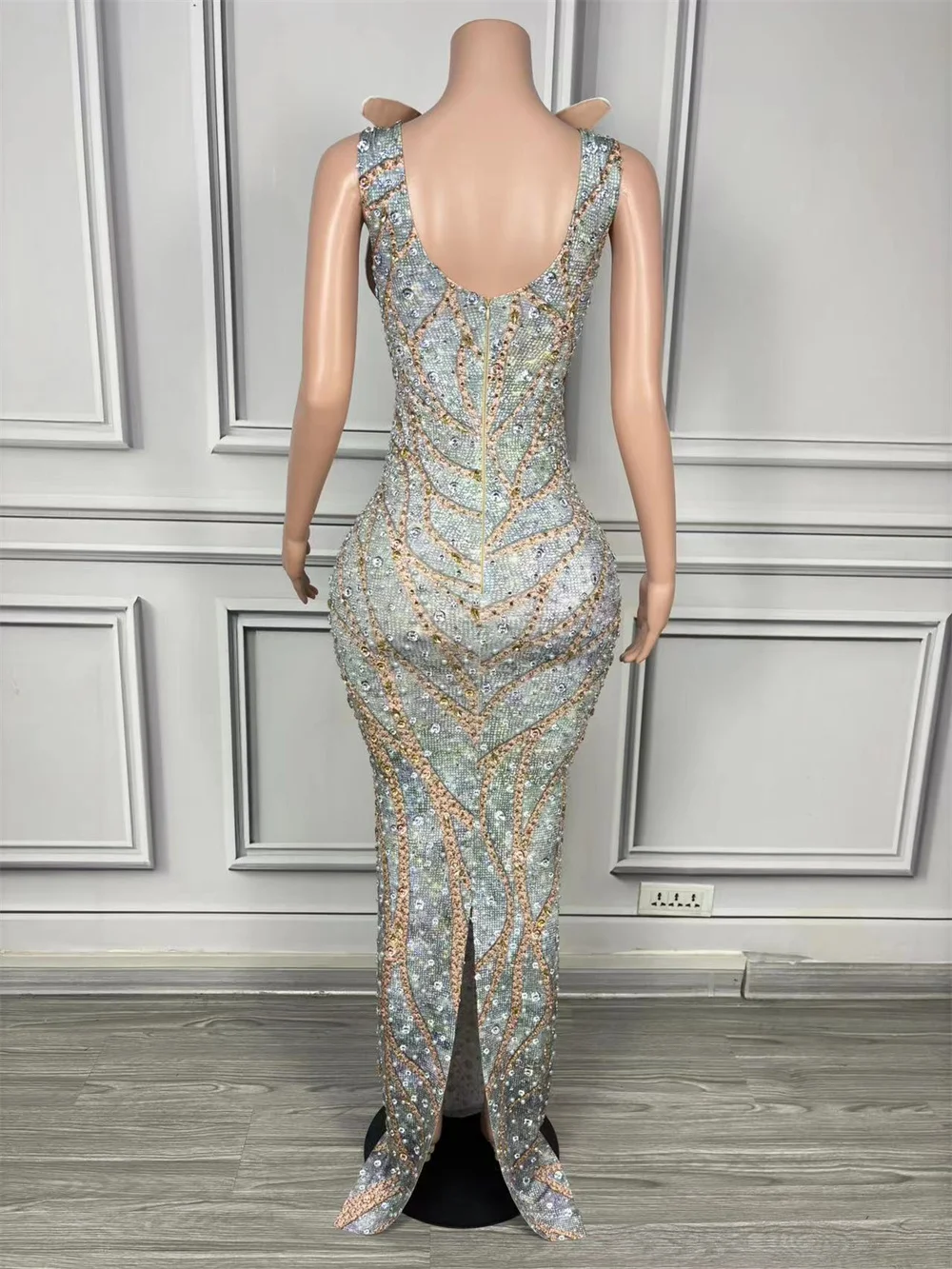 Luxury Crystals Sexy Diamonds Slit elegant Sheath Fishtail Sheath Dress Evening Party Performance Photoshoot Singer Stage Dress