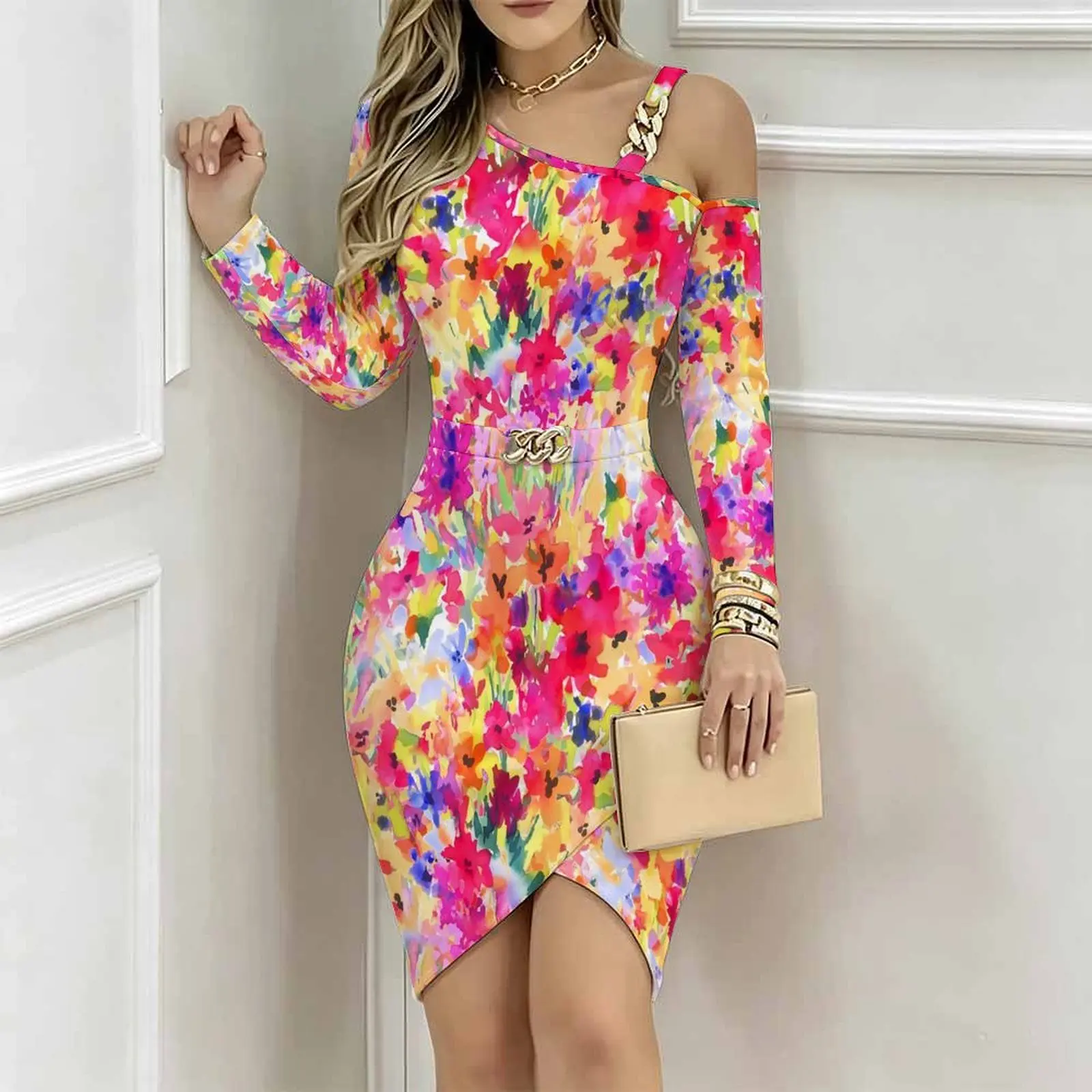 Women One Shoulder Bodycon Midi Dress Chain Strap Detail Metal Buckle Belt Irregular Split Hem Slim Fit Custom Print Part Dress