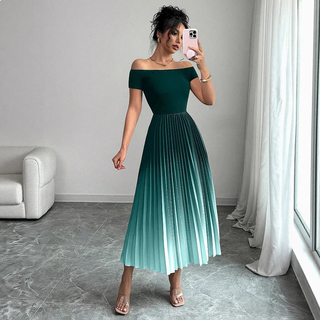 Women's Elegant Off Shoulder Pleated Gradient Bodycon Dress Dresses for Spring Summer