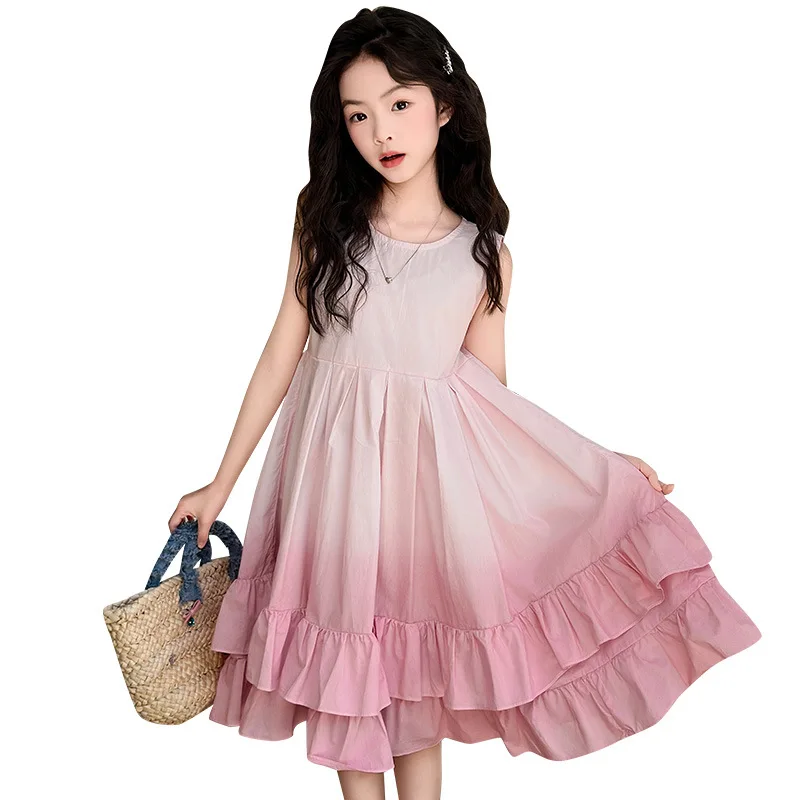 22025 New Girls' Summer Dress Premium Sleeveless Princess Outfit for Big Kids High-End Fashion Vest Style Gown Elegant Sundress