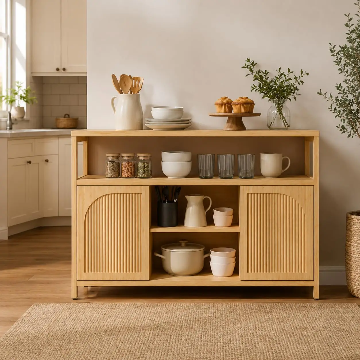 Bamboo Buffet Cabinet with Storage, Natural Sideboard Cabinet | 49“ Kitchen Storage Cabinet with 2 Doors and, Customized