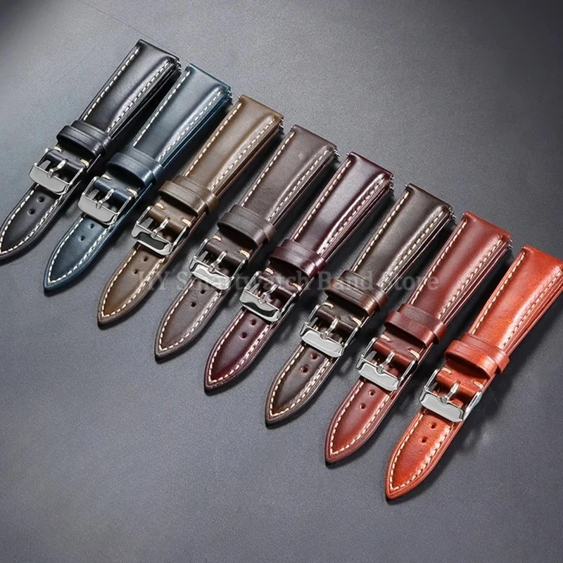 18mm 19mm 20mm 21mm 22mm Vintage Oil-Waxed Leather WatchBand for Men Women Brown Head Layer Band Quick Release Strap Accessories